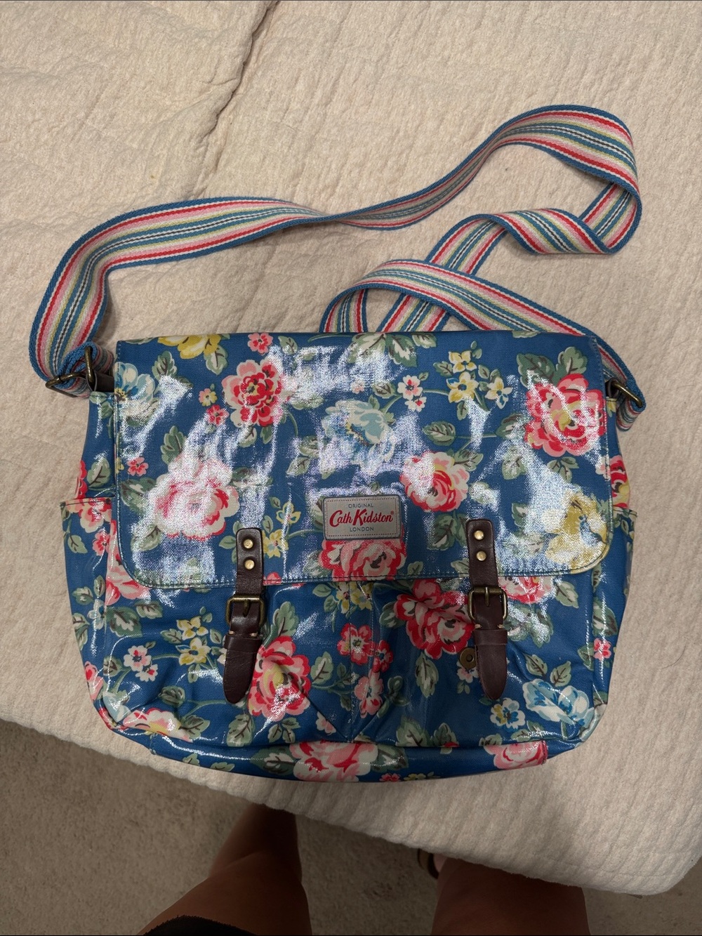 Cath Kidston Blue Floral Coated Canvas Crossbody Bag with Striped Strap